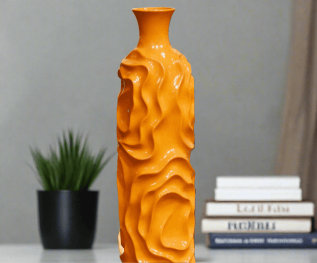 Ceramic Round Cylindrical Vase With Neck & Wrinkled Sides - Large - Orange - Home Décor & Things Are Us