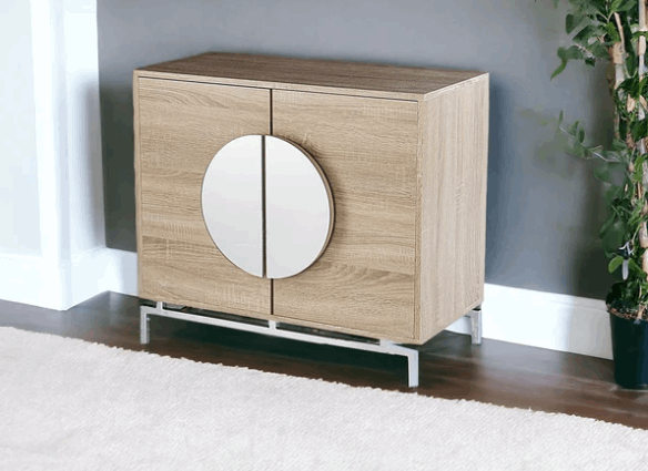 Contemporary Mirrored Circle Double Door Bar Cabinet, Natural - Home Décor & Things Are Us