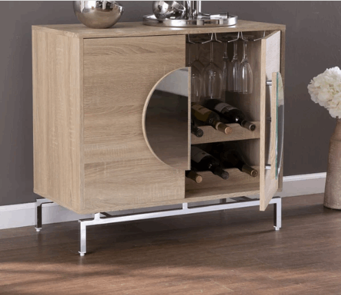 Contemporary Mirrored Circle Double Door Bar Cabinet, Natural - Home Décor & Things Are Us