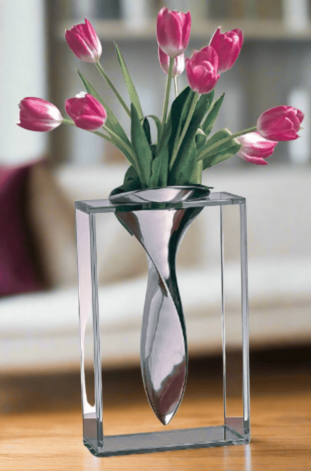 Crystal Clear Glass Flower Vase with Non Tarnish Aluminum Center - Home Décor & Things Are Us