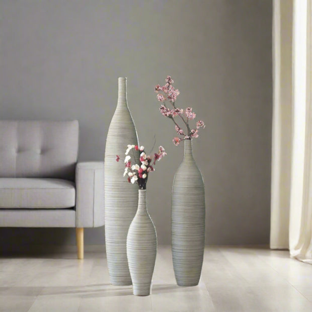 Decorative Bottle Shape Floor Vase Ribbed Design, White - Set of 3 - Home Décor & Things Are Us