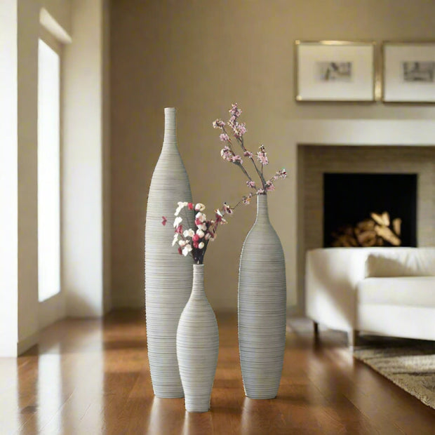 Decorative Bottle Shape Floor Vase Ribbed Design, White - Set of 3 - Home Décor & Things Are Us