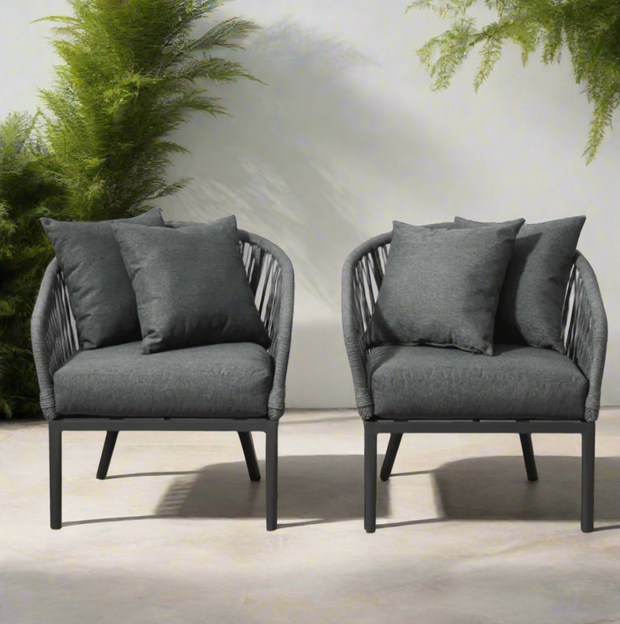 Dover Indoor & Outdoor Rope Armchair Set - 2 Armchairs, Charcoal & Matte Black - 2 Piece - Home Décor & Things Are Us