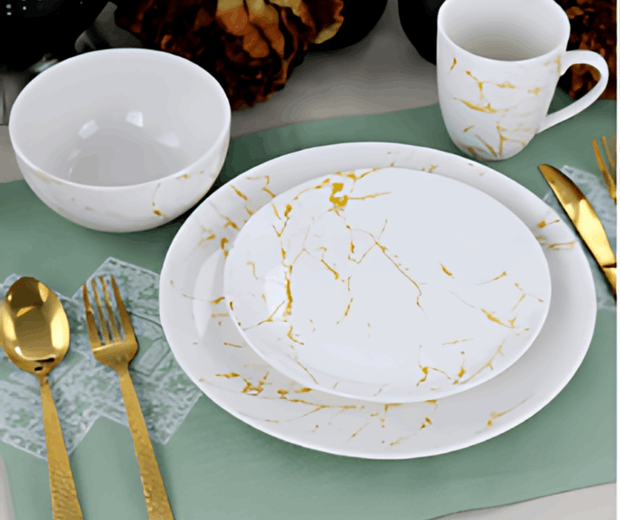 Fine Marble Stoneware Dinnerware Set, Gold & White - 16 Piece - Home Décor & Things Are Us