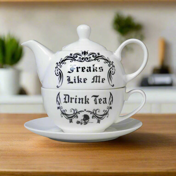 Freaks Like Me Drink Tea Set, White & Black - 3 Piece - Home Décor & Things Are Us