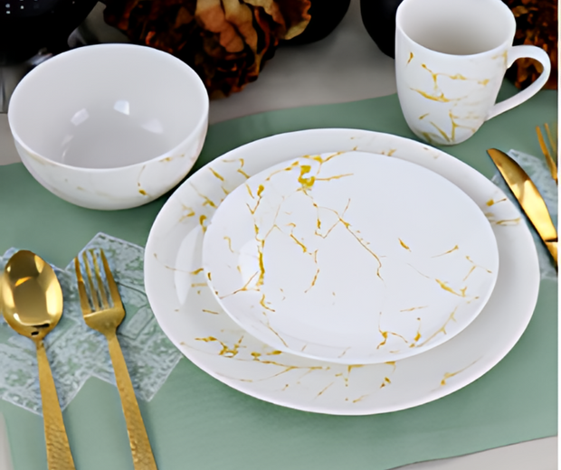 Fine Marble Stoneware Dinnerware Set, Gold & White - 16 Piece - Home Decor & Things Are Us