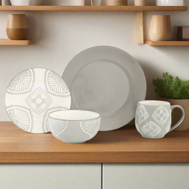 Gray And Ivory Sixteen Piece Round Geometric Dinnerware Set - Home Décor & Things Are Us