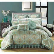 Jacquard Motif Fabric Complete Master Bedroom Queen Bed Comforter Set Blue - 13 Piece - Home Décor & Things Are Us