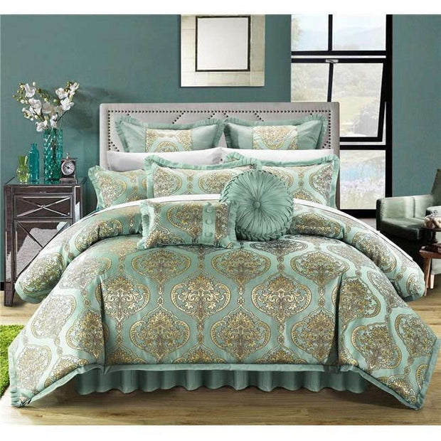 Jacquard Motif Fabric Complete Master Bedroom Queen Bed Comforter Set Blue - 13 Piece - Home Décor & Things Are Us