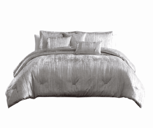 King 7 Piece Comforter Set With Crinkle Texture, Silver - Home Décor & Things Are Us