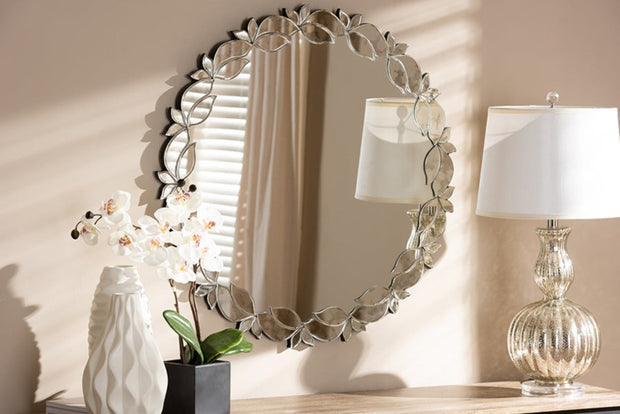 Luiza Modern & Contemporary Silver Finished Round Petal Leaf Accent Wall Mirror - Home Décor & Things Are Us