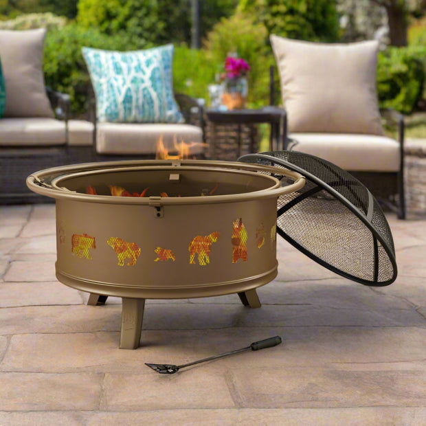 Pure Garden Outdoor Deep Fire Pit Steel Bowl with Bear Cutouts, Antique Gold - Home Décor & Things Are Us