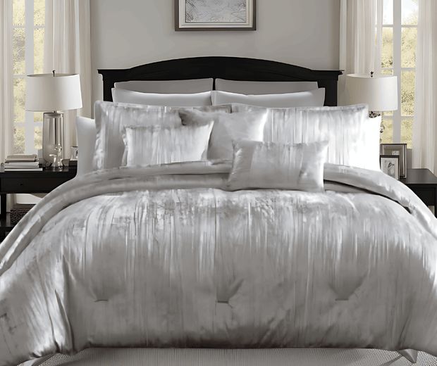 Queen 7 Piece Comforter Set With Crinkle Texture, Silver - Home Décor & Things Are Us