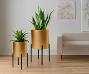 Round Indoor Planter, Iron Stand, Set Of 2, Rose Gold And Black - Home Décor & Things Are Us