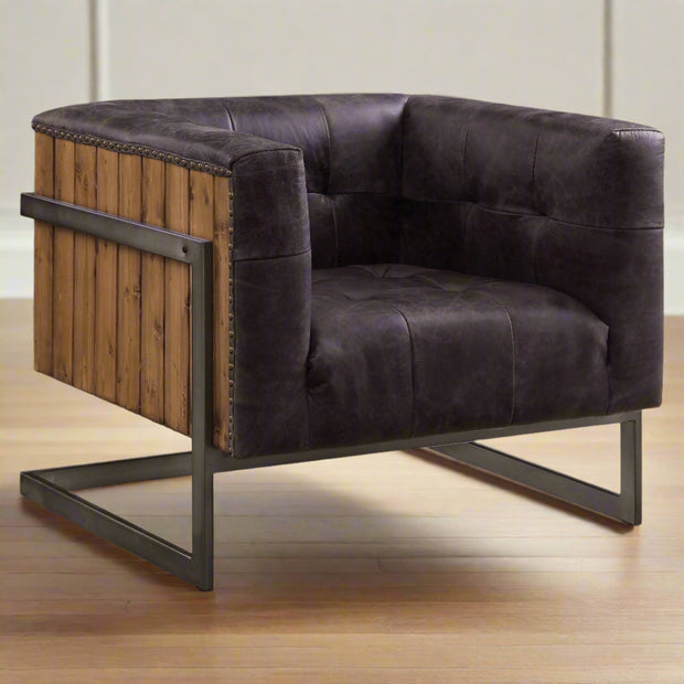 Sagat Accent Chair, Antique Ebony Top Grain Leather & Rustic Oak - Home Décor & Things Are Us