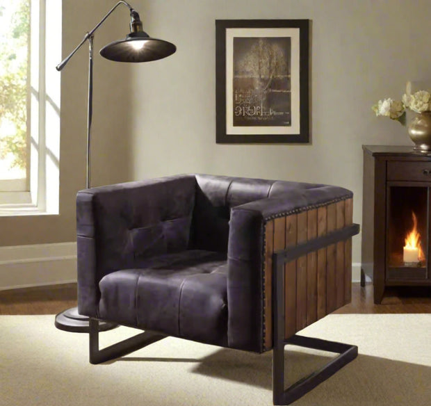 Sagat Accent Chair, Antique Ebony Top Grain Leather & Rustic Oak - Home Décor & Things Are Us