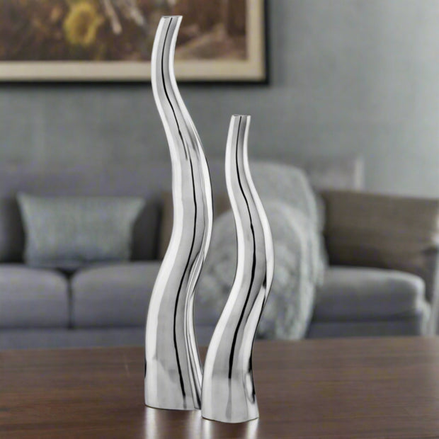 Set Of 2 Modern Tall Silver Squiggly Vases - Home Décor & Things Are Us