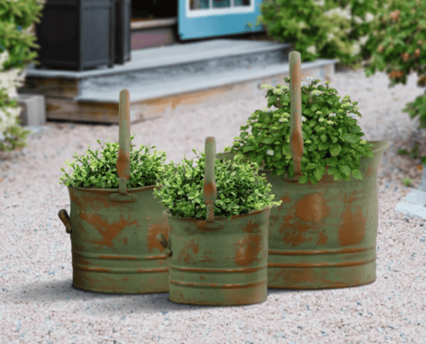 Tinged Metal Bucket Planter With Handles, Patina Rust Finish, Green, Set of 3 - Home Décor & Things Are Us