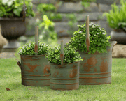 Tinged Metal Bucket Planter With Handles, Patina Rust Finish, Green, Set of 3 - Home Décor & Things Are Us