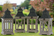 Wood Square Lantern with Black Pierced Metal Top - Ring Hanger & Glass Windows, Stained Wood & Brown - Set of 4 - Home Décor & Things Are Us