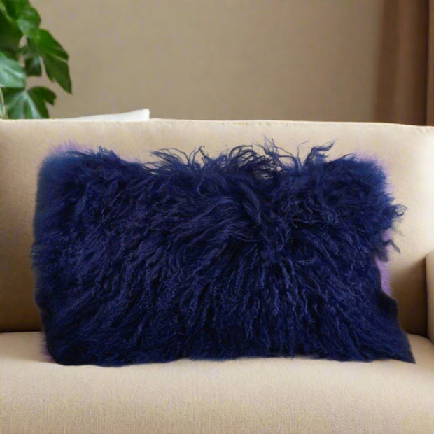 Wool Mongolian Lamb Fur Throw Pillow Cobalt Blue - Home Décor & Things Are Us