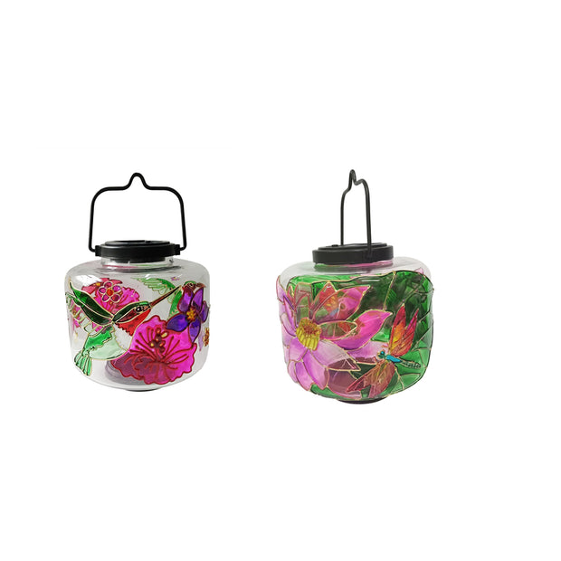 6.5 in. Glass Hummingbird & Dragonfly Solar Lantern, Assorted Color - Pack of 4