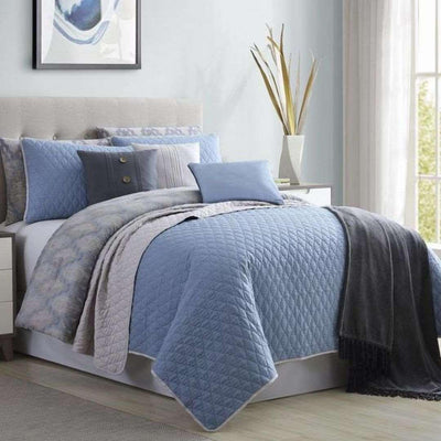 Andria 10 Piece Queen Size Comforter And Coverlet Set , Blue And Gray