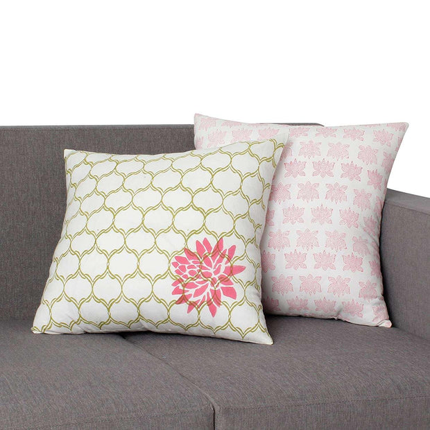 Quatrefoil Cotton Pillow With Floral Details, Set Of 2, Multicolor