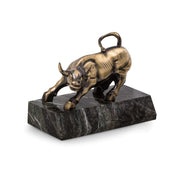 Antique Brass Finished Bull Sculpture on Green Marble Base, Black Zebra Marble & Gold