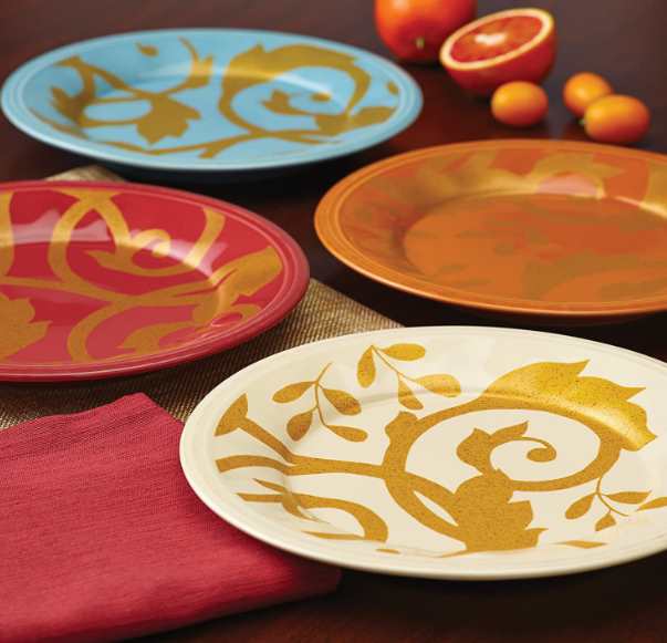 Rachael Ray Dinnerware Gold Scroll 4-Piece Salad Plate Set, Cranberry Red