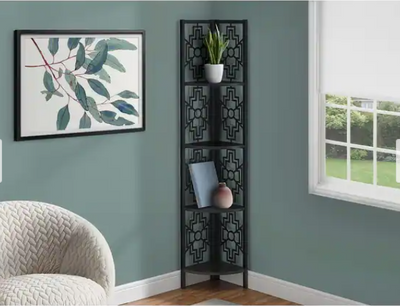 Bookcase with 4 Solid Espresso Shelves & Black Metal Corner Etagere - Home Décor & Things Are Us