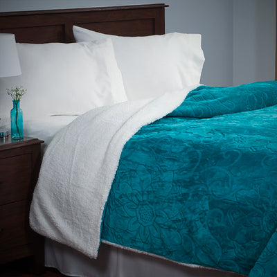 Queen Floral Etched Fleece Blanket with Sherpa, Teal - Home Décor & Things Are Us