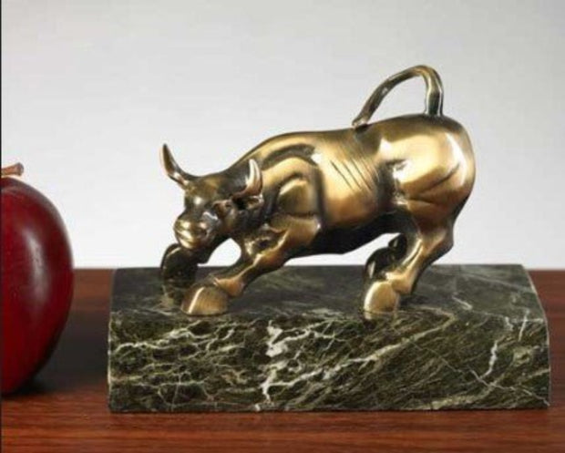 Antique Brass Finished Bull Sculpture on Green Marble Base, Black Zebra Marble & Gold - Home Décor & Things Are Us