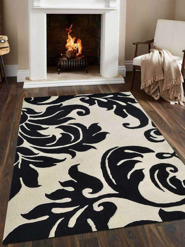 Hand Tufted Wool Floral Rectangle Area Rug, Cream & Black - Home Décor & Things Are Us