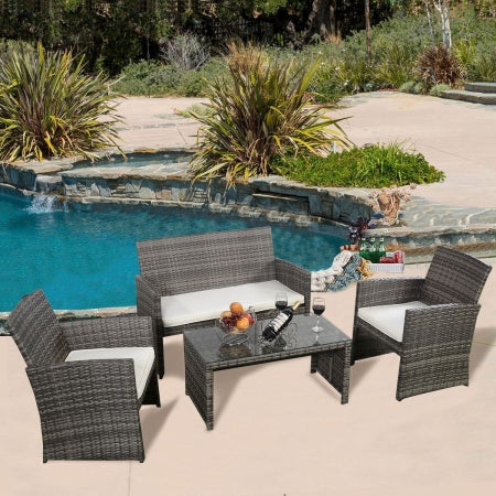 4-Piece Wicker Rattan Patio Furniture Set Garden Lawn Sofa Cushioned Seat, Mix Gray - Home Décor & Things Are Us