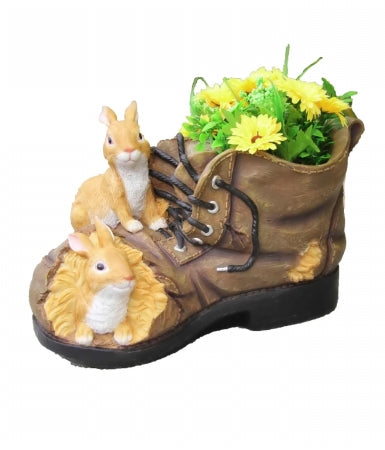 Two Rabbits Nested in Shoe Sculpture with Flower Pot